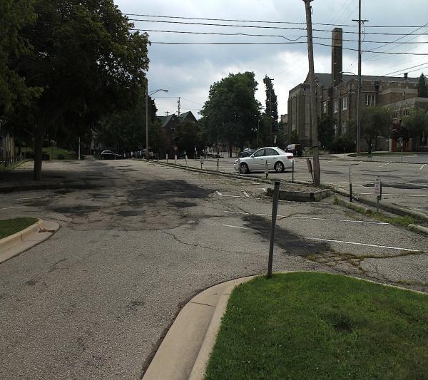 Parking lot #8 - Looking East. People's Church to the right, Valley Court park behind this view