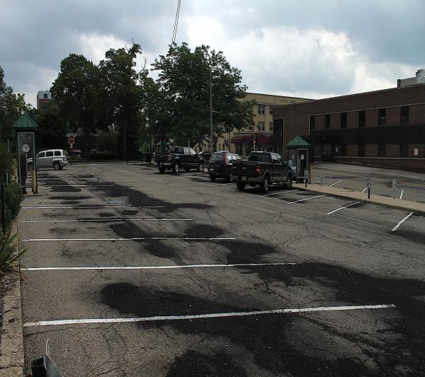 Parking lot #4.  Looking East.  Dublin Square restaurant on the left.