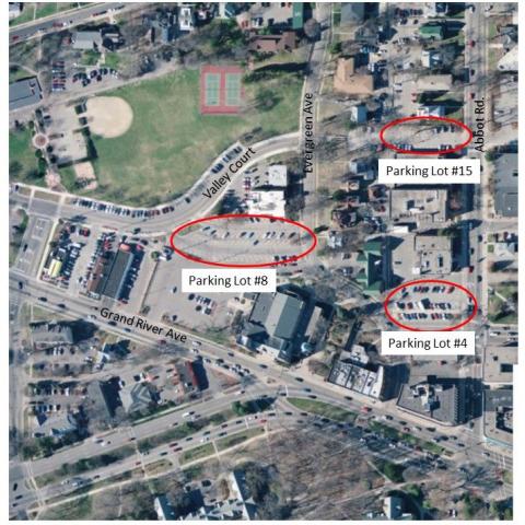 Map highliting the parking lots on the ballot initiative